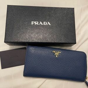 PRADA Calf Skin Zipper Long Blue Wallet Purse Zip